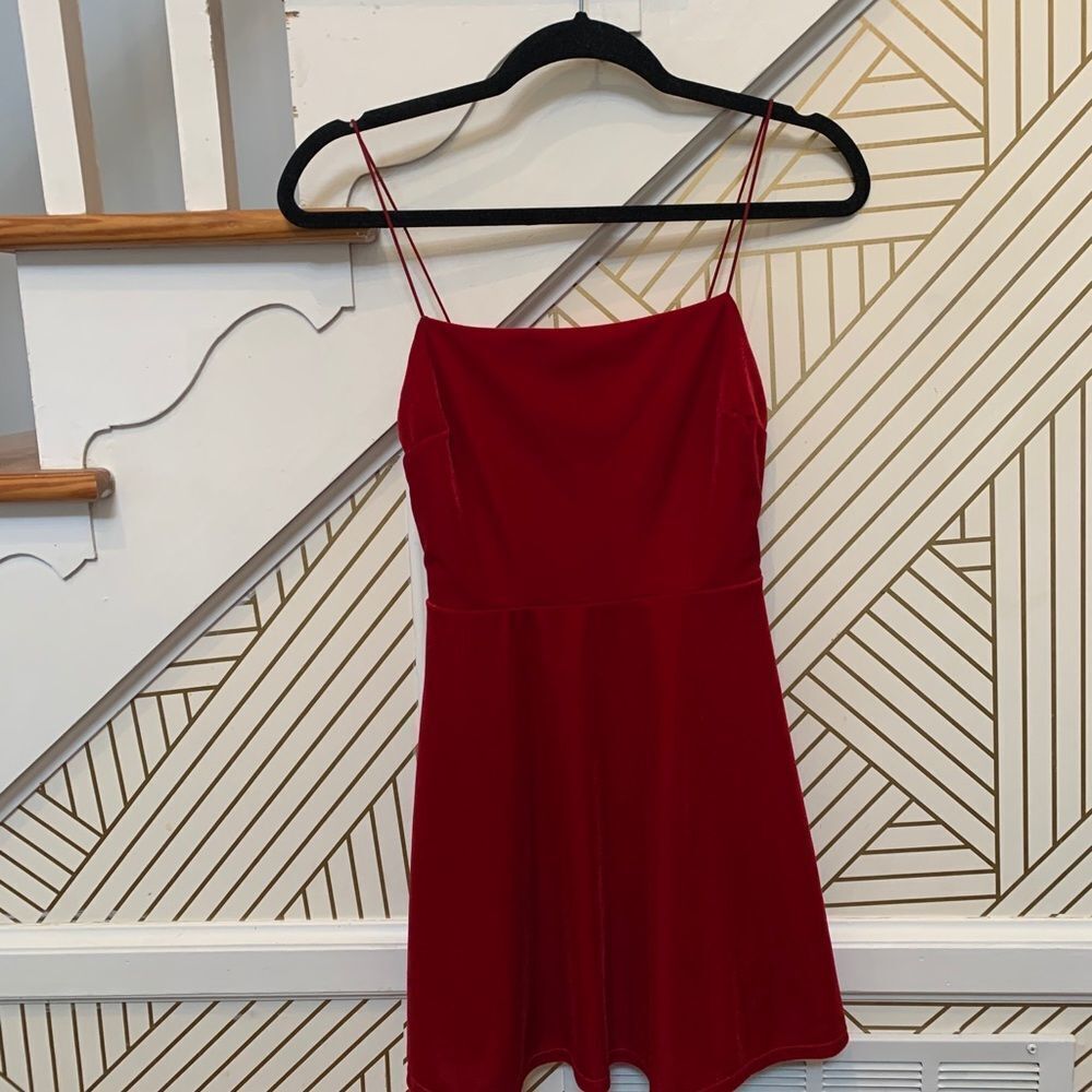 UO Straight Neck Red Velvet Skater Dress - Picture 5 of 8
